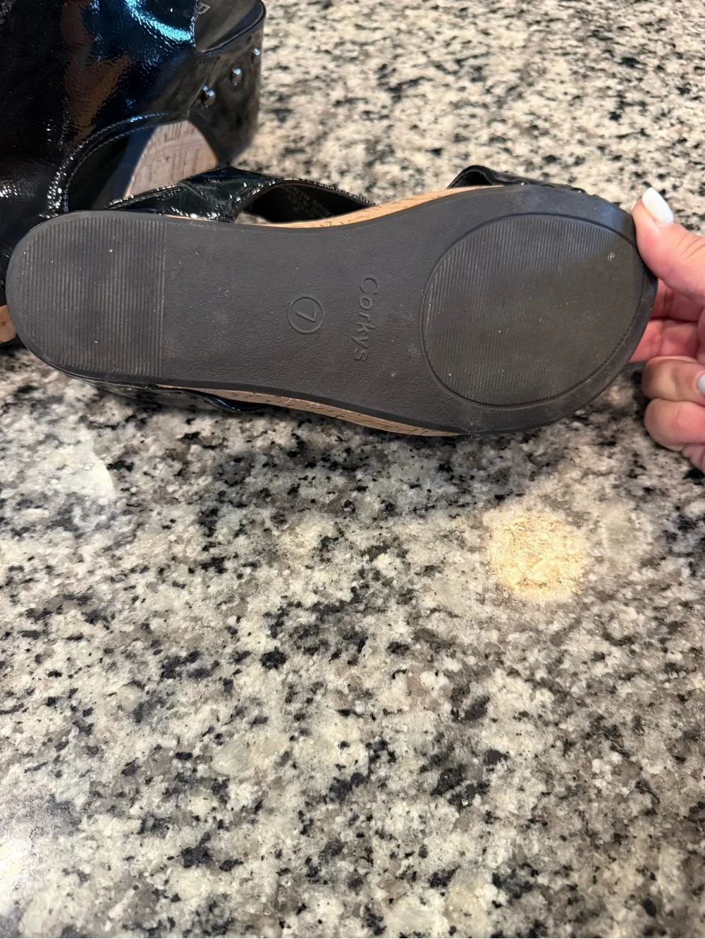 Corky’s Black Patent Slingback Cork Wedge Sandals